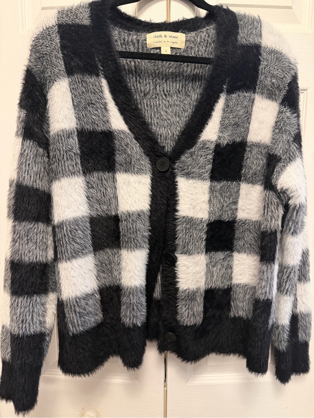 Cloth & Stone Black and White Plush Checkered Cardigan Sweater